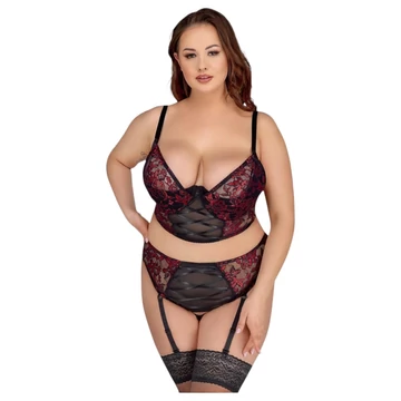 Cottelli Plus Size - Podprsenkový set s podväzkom (čierna-červená) - 85C/L